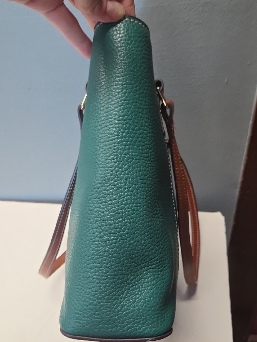 Dooney & Bourke Green Pebble Leather Tote with Brown Straps - Picture 4 of 12